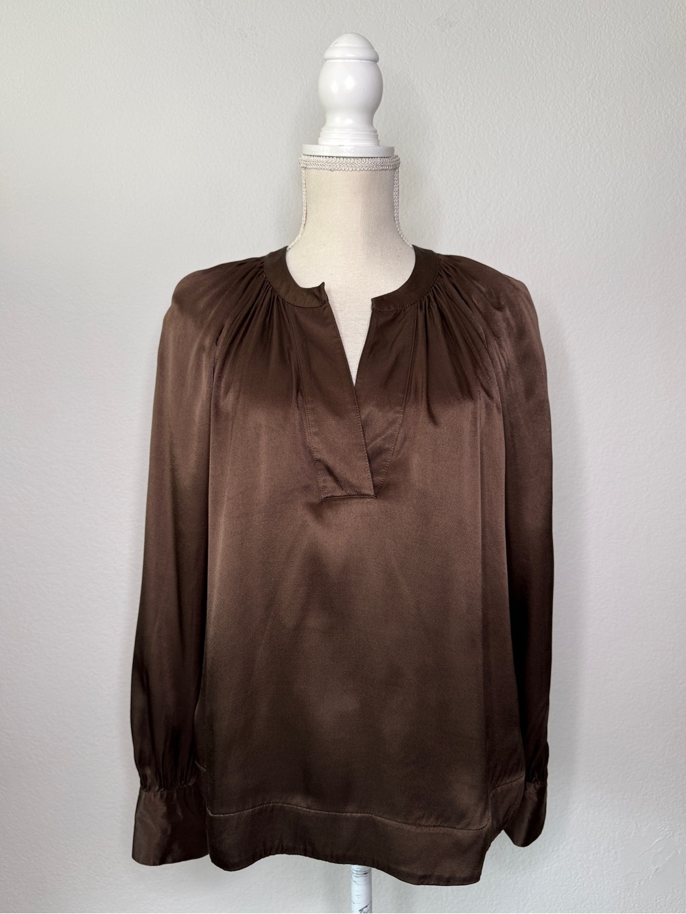 Rails Blouse Wynna Moss Brown Satin Split Neck Long Sleeve Size M